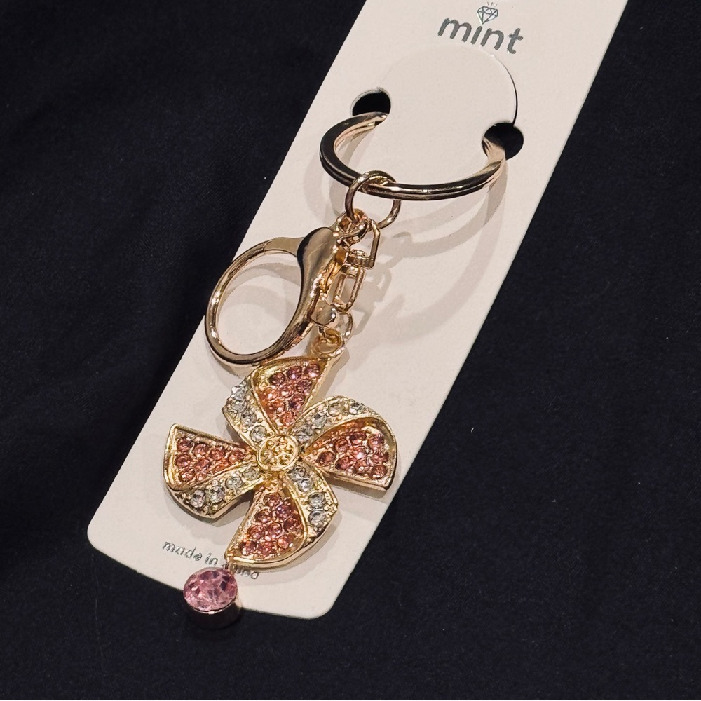 BAG CHARM Mint Pink and Clear Sparkling Gold Pinwheel Dangling Crystal Keychain